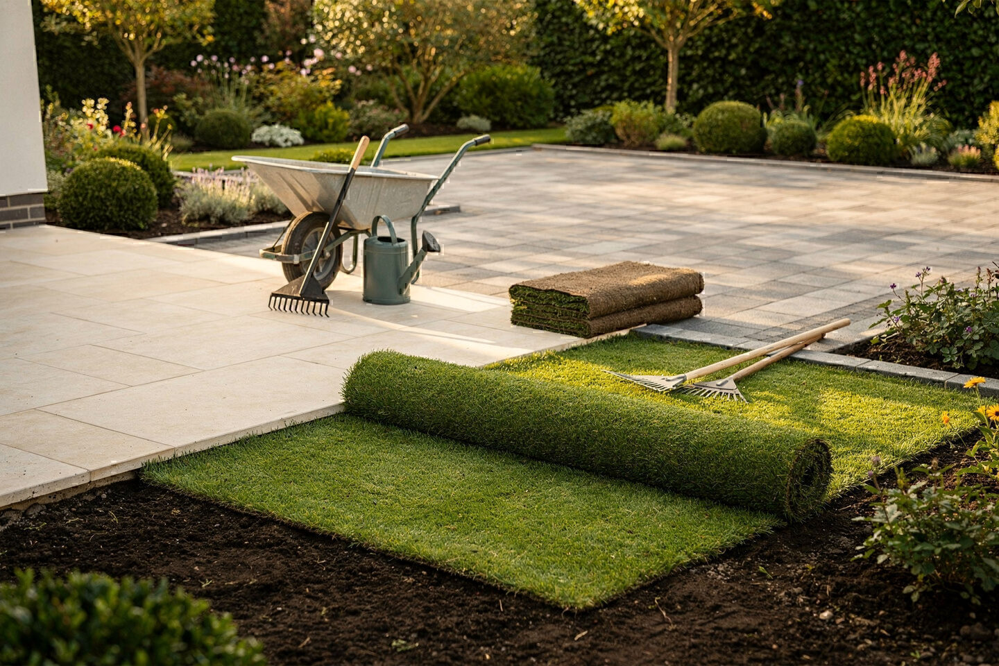Pflasterarbeiten für Terrasse und Einfahrt, Rollrasen Verlegen sowie Gartengestaltung und Gartenpflege durch Galabau De Wit